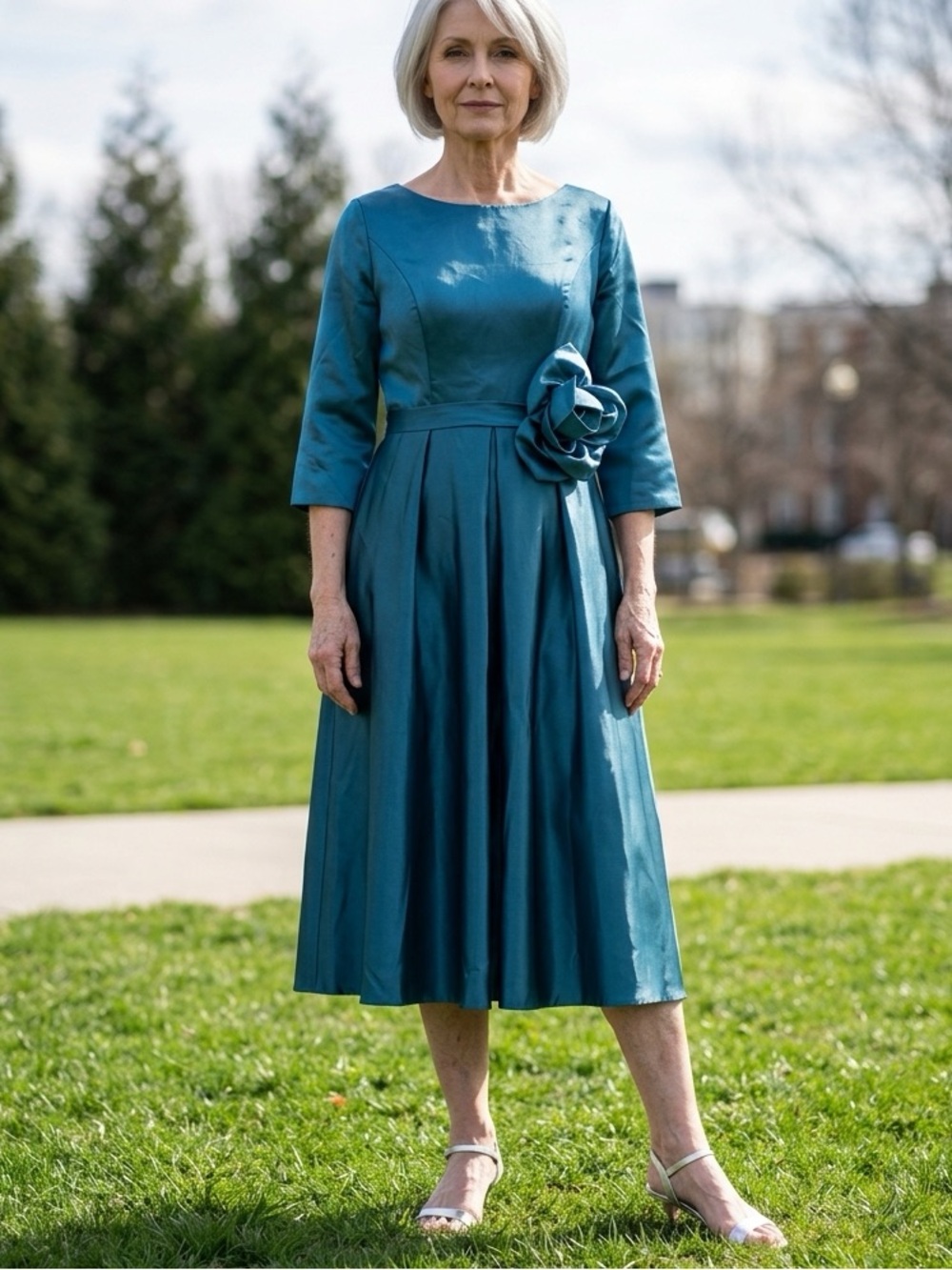 Elegant Teal Dress with Floral Accent